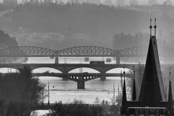 Four of Prague's bridges on a foggy day